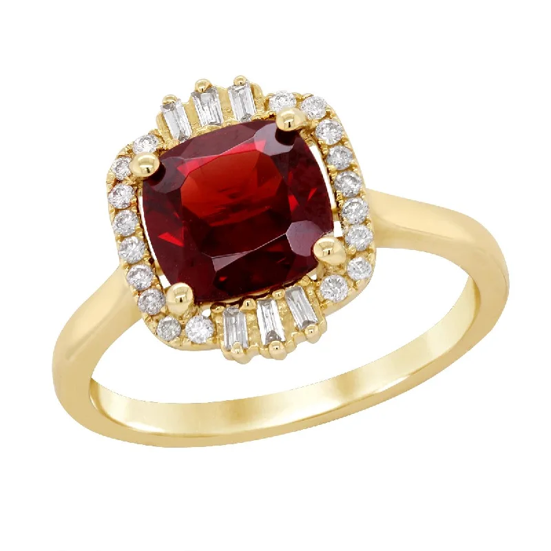 high-end designer ladies ring-YELLOW GOLD RING WITH CUSHION SHAPED GARNET AND DIAMOND HALO, .21 CT TW