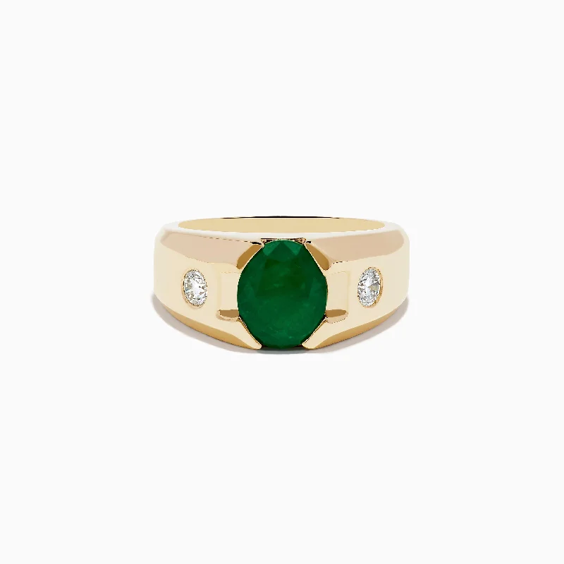 floral design engagement ring for women-Men's 14K Yellow Gold Emerald and Diamond Ring