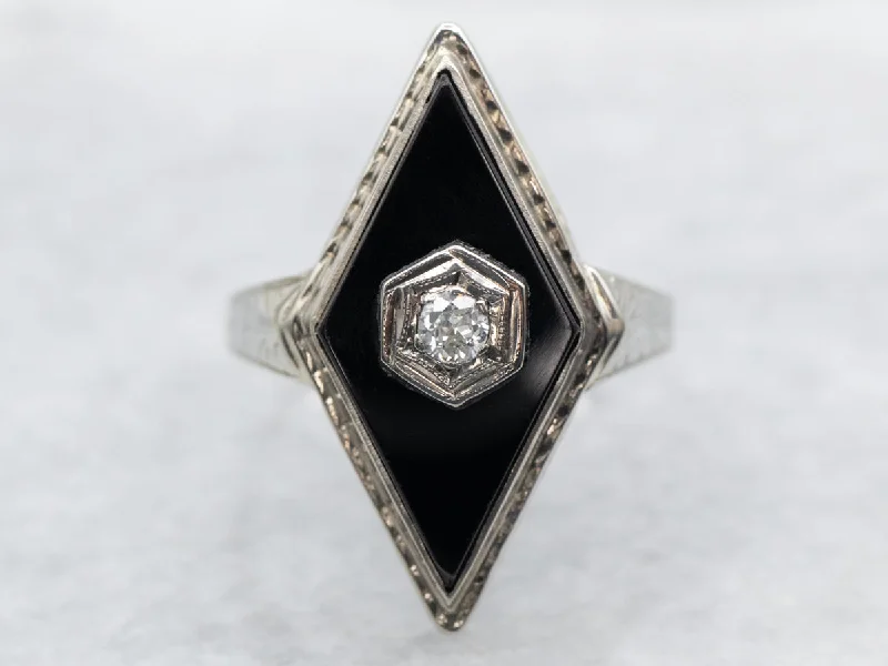 cushion-cut halo engagement ring for women-Mid-Century Ladies Onyx and Old Mine Cut Diamond Ring