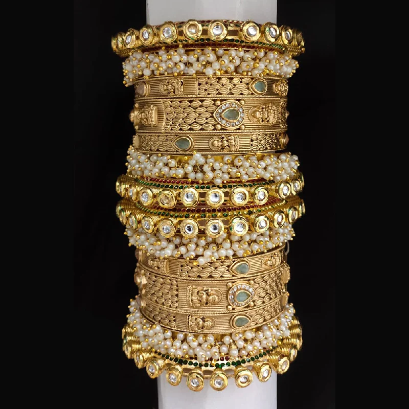 cuff ladies bracelet-Lucentarts Jewellery Gold Plated Kundan And Pearl Bangles Set