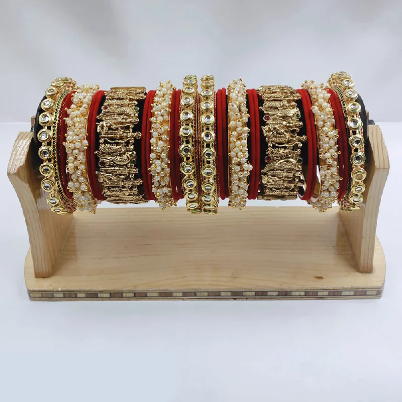 adjustable slider ladies bracelet-Lucentarts Jewellery Gold Plated Kundan And Pearl  Bridal Bangles Set