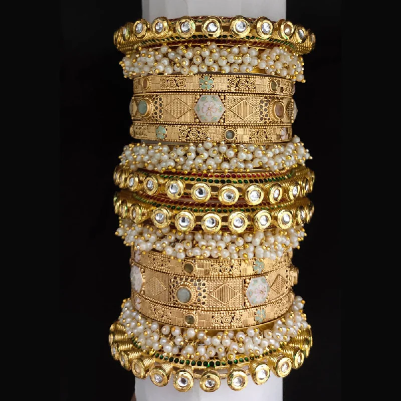 bangle ladies bracelet-Lucentarts Jewellery Gold Plated Kundan And Pearl Bangles Set