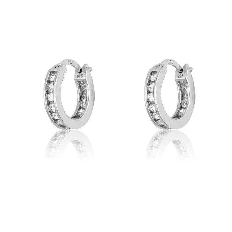 micro-pave ladies earrings-Sterling Silver Tiny Inside-Outside Channel Set CZ Hoop Earrings