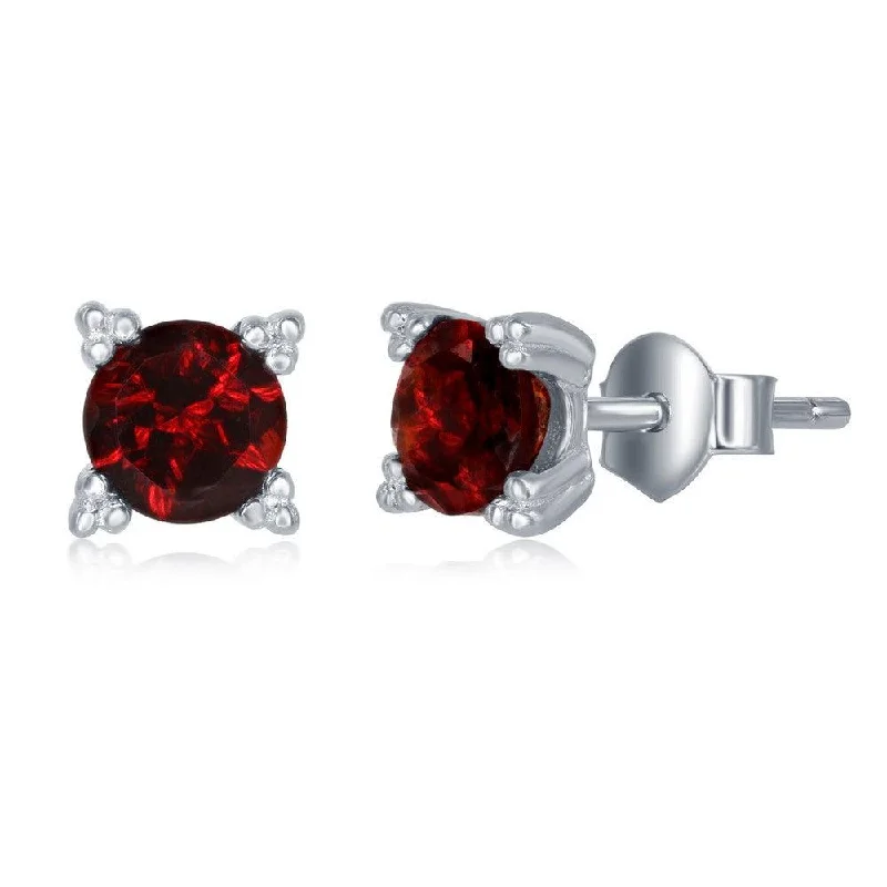 engraved zodiac ladies earrings-Sterling Silver 5mm Round Red Garnet Stud Earrings