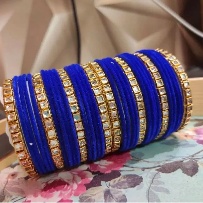 gemstone-accented ladies bracelet-Pooja Bangles Gold Plated Kundan And Velvet Bangles Set