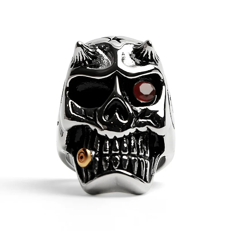 bridal stack ladies ring-Stainless Steel Devil Skull With Red CZ Eye Smoking 18K Gold PVD Coated Cigar Ring / SCR4084