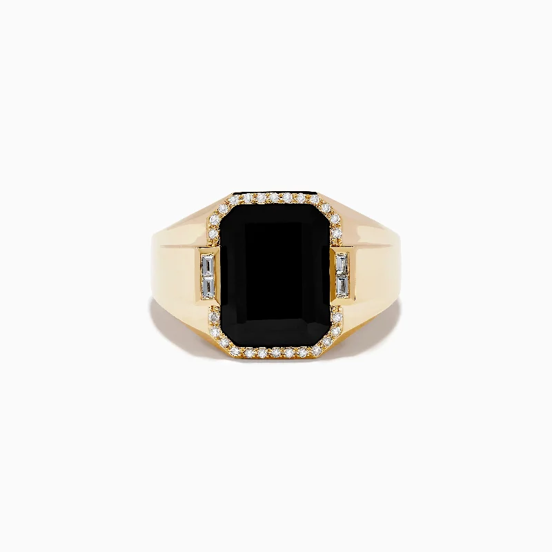 two-tone engagement ring for women-Men's 14K Yellow Gold Onyx and Diamond Ring