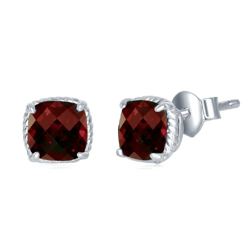 pink diamond ladies earrings-Sterling Silver Cushion Cut Garnet Stud Earrings