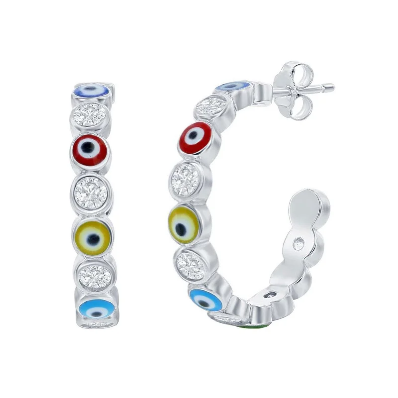 chandelier ladies earrings-Classic Women's Earrings - Alternating CZ and Multicolor Enamel Evil Eye Hoop | D-8353