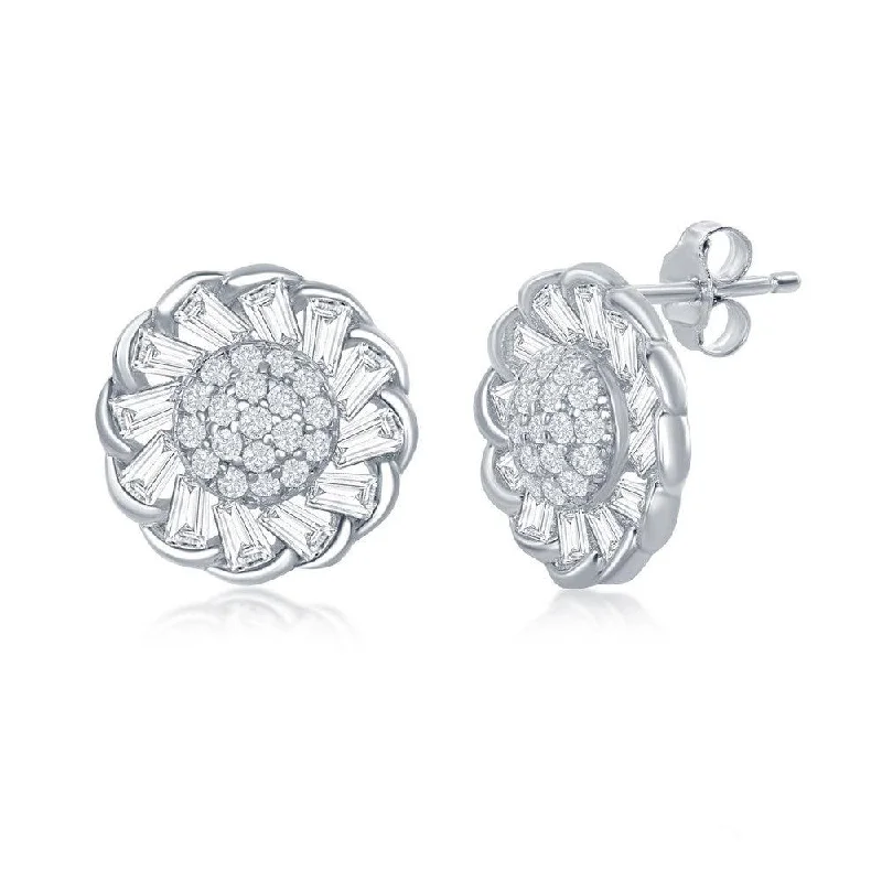 cubic zirconia ladies earrings-Sterling Silver Micro Pave Center & Baguette CZ Border Flower Design Stud Earrings