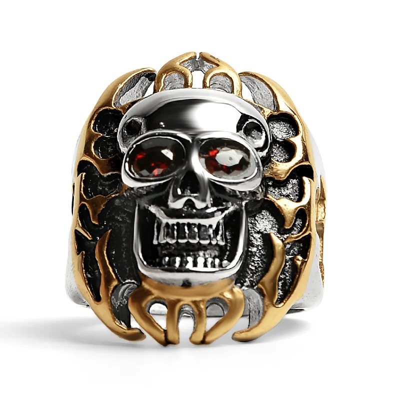 braided band ladies ring-Stainless Steel Red CZ Eyed Flaming Skull With 18K Gold PVD Coated Accents Ring / SCR0250