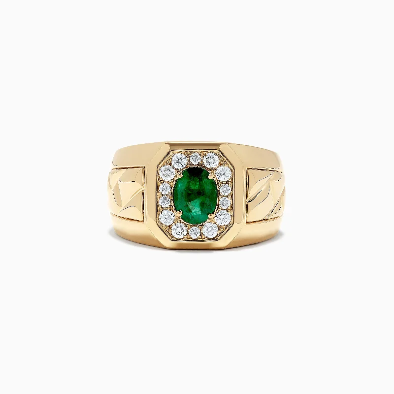 modern geometric engagement ring for women-Men's 14K Yellow Gold Emerald and Diamond Ring, 1.55 TCW