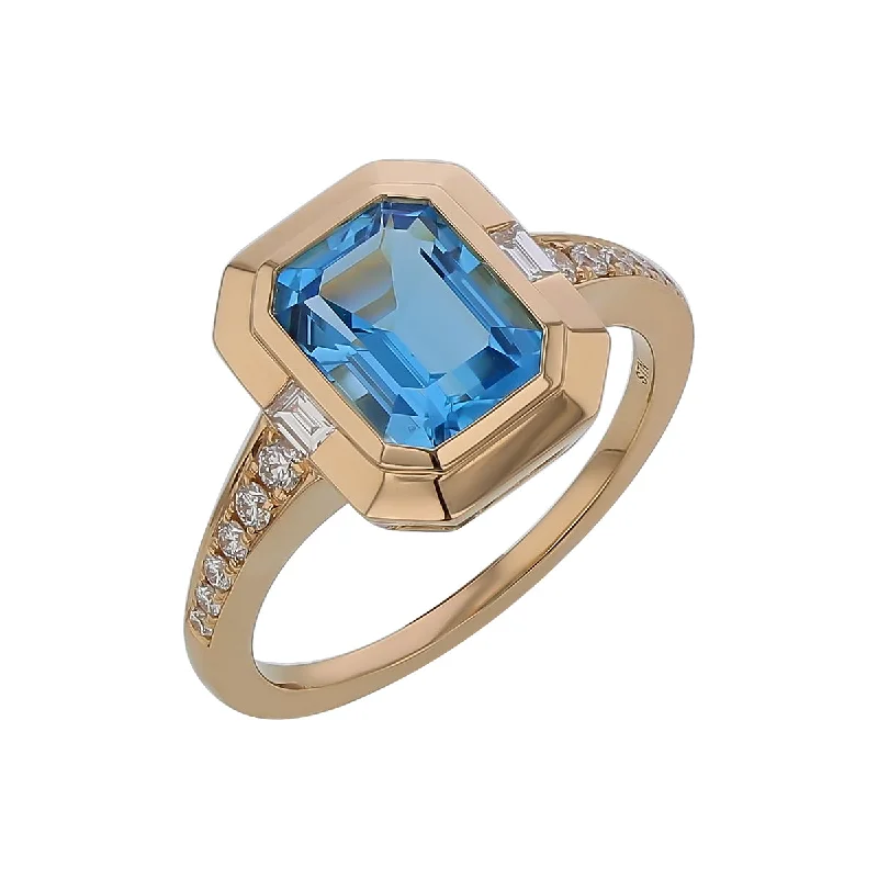 two-tone engagement ring for women-Emerald Cut Blue Topaz and Diamond Ring in 14K Yellow Gold, Size 7