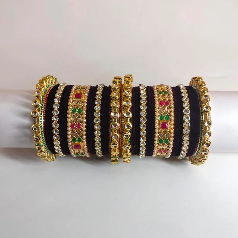 hammered metal ladies bracelet-Pooja Bangles Gold Plated Kundan Stone Velvet Bangles Set