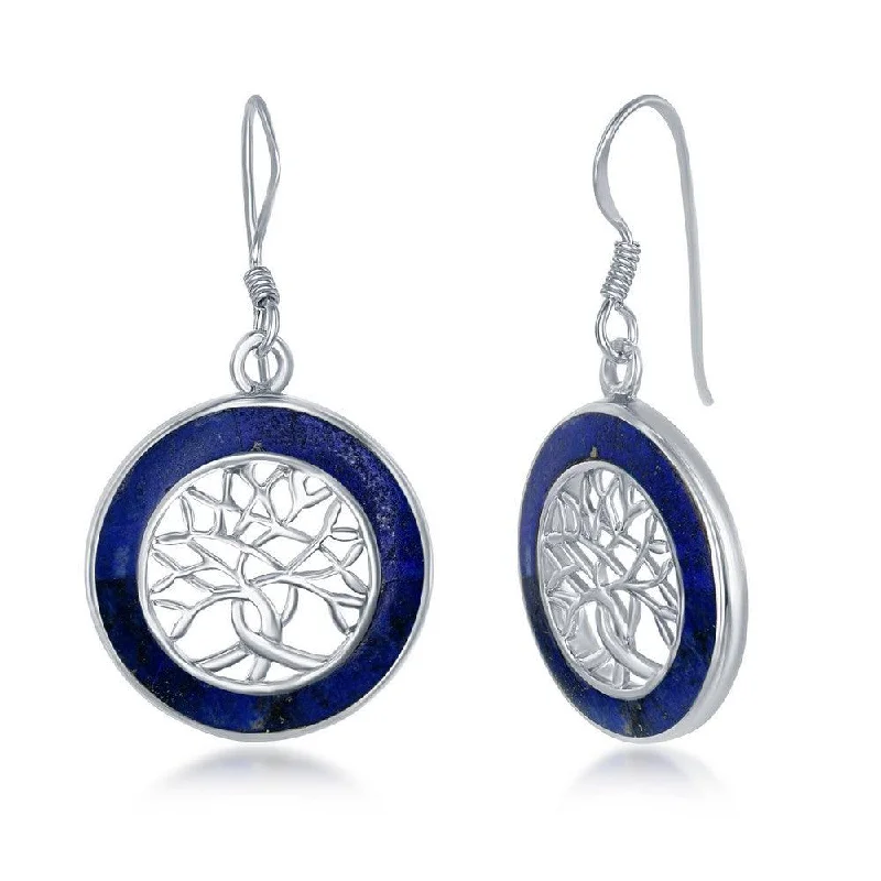 bohemian handcrafted ladies earrings-Sterling Silver Small Tree of Life Round Earrings - Lapis