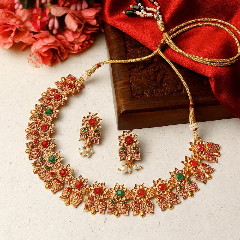 zodiac sign ladies necklace-Shrishti Fashion Traditional Paisley Flower Design Gold Plated Choker Necklace Set For Women