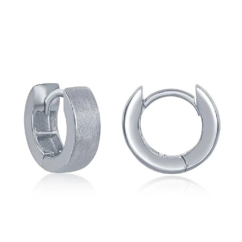 vintage-inspired ladies earrings-Sterling Silver Brushed Huggie 4x13mm Hoop Earrings