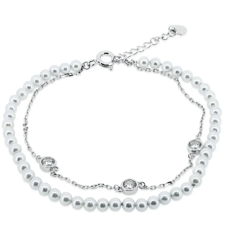 oversized chunky ladies bracelet-Rhodium Plated 925 Sterling Silver Double Strand Synthetic Pearl with CZ - GMB00054RH