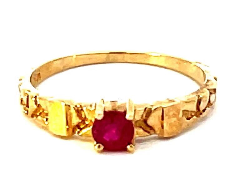 triple-stone vintage ladies ring-Red Ruby Ring in 14k Yellow Gold