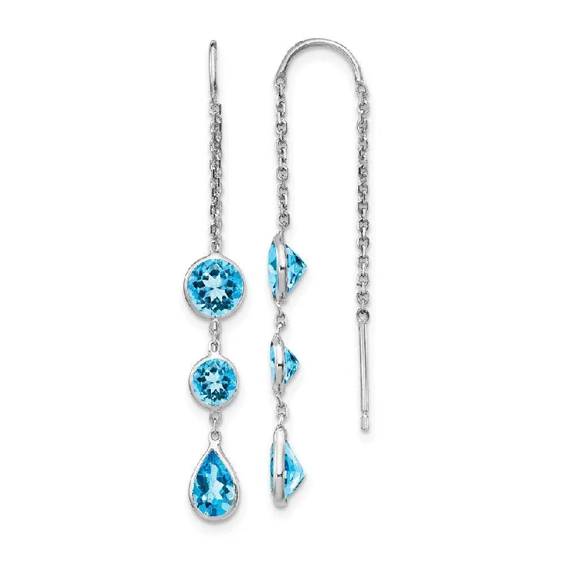 gold ladies earrings-14k White Gold Blue Topaz Dangle U Wire Earrings