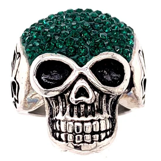 minimalist ladies ring-Skull With Tiny Green Accent CZ Stones Stainless Steel Ring / SCR3103