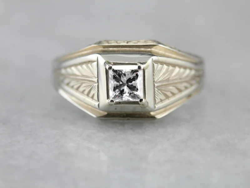 royal-inspired engagement ring for women-Men's Art Deco Etched Diamond Ring