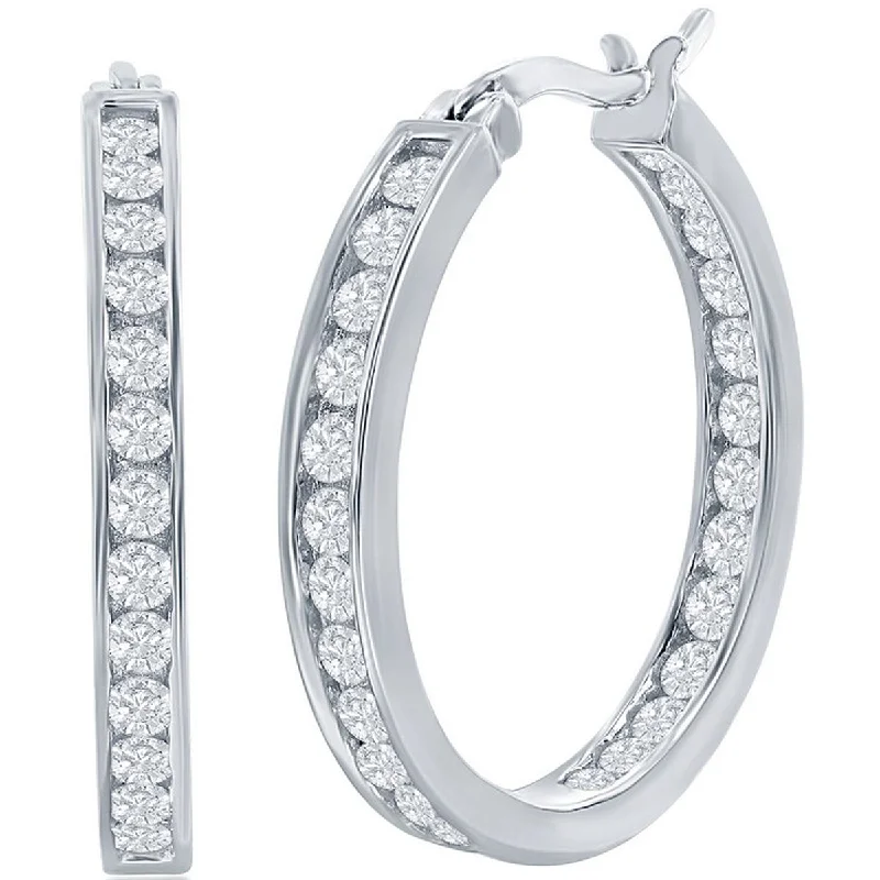 oval-shaped ladies earrings-Classic Women's Earrings - Sterling Silver 25mm Inside Outside Channel CZ | D-3492