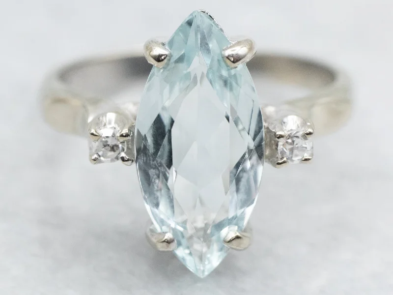 opal gemstone engagement ring for women-Marquise Cut Aquamarine and Diamond Ring