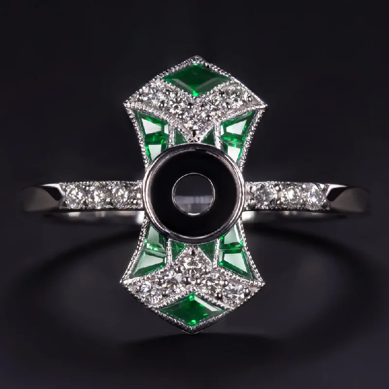 celestial sun and moon engagement ring for women-GREEN EMERALD DIAMOND RING SETTING ROUND GEOMETRIC ART DECO VINTAGE SEMI MOUNT