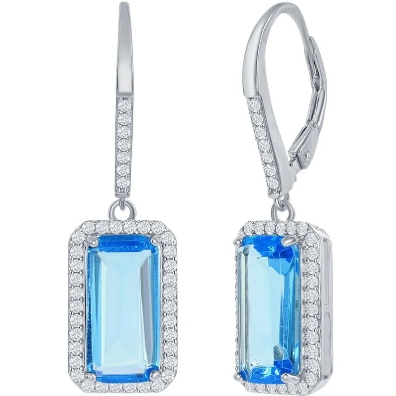 filigree ladies earrings-Classic Women's Earrings - Sterling Silver Emerald Cut Aqua CZ with Halo | D-7902