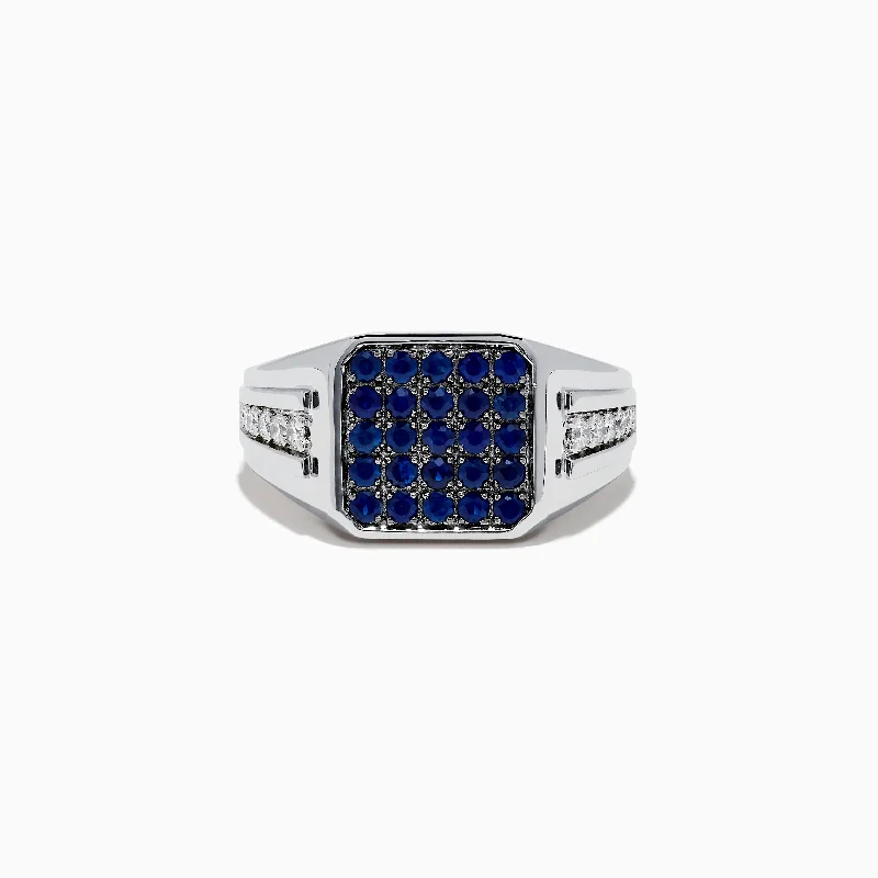 antique-inspired engagement ring for women-Men's 925 Sterling Silver Blue Sapphire and Diamond Ring