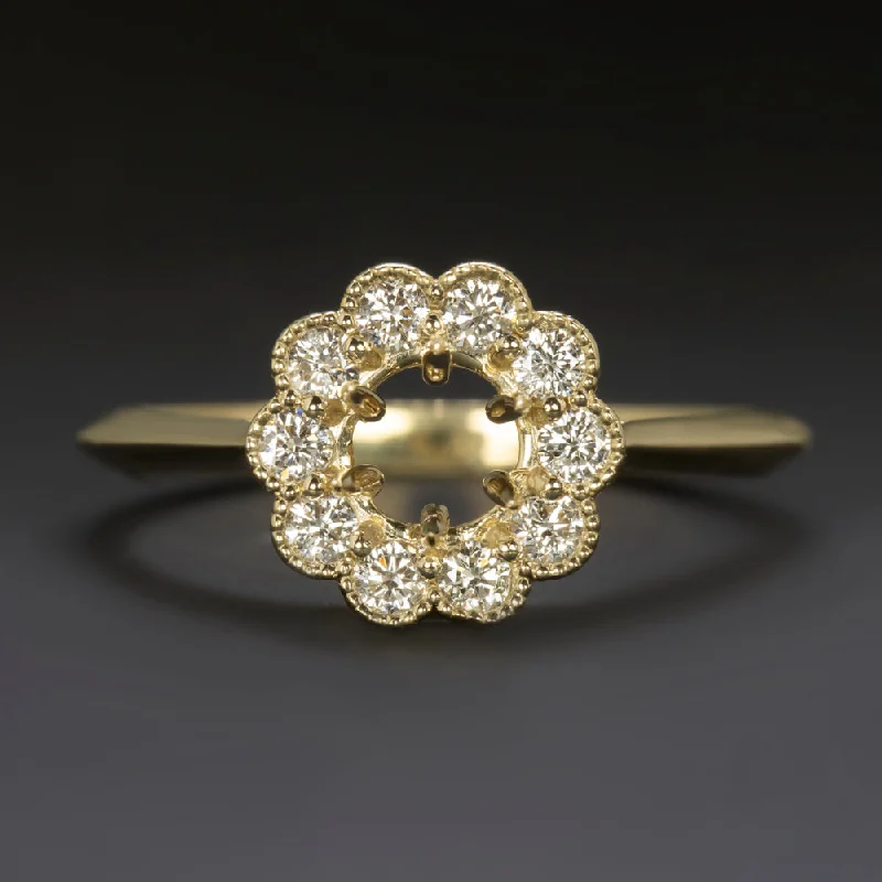 Victorian-style engagement ring for women-NATURAL DIAMOND RING SETTING 5mm ROUND CUT SCALLOPED HALO 14k YELLOW GOLD MOUNT