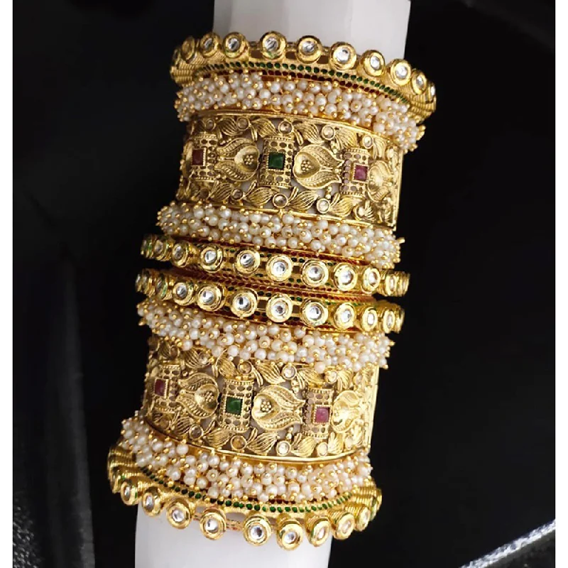 two-tone ladies bracelet-Akruti Collection Gold Plated Pearl And Kundan Bangle Set