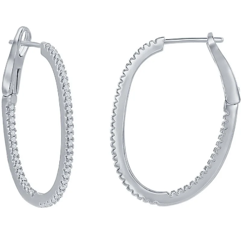 handmade ladies earrings-Classic Women's Earrings - Sterling Silver Ultra Thin 30mm CZ Oval Shape Hoop | D-7894