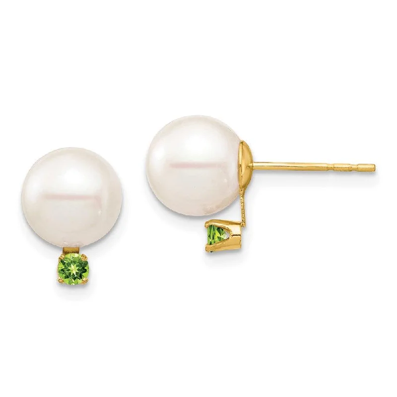 drop ladies earrings-14K 8-8.5mm White Round Freshwater Cultured Pearl Peridot Post Earrings