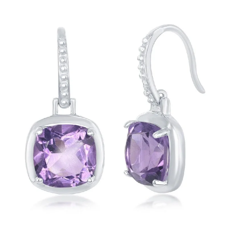 filigree drop ladies earrings-Sterling Silver Purple Amethyst Square Earrings