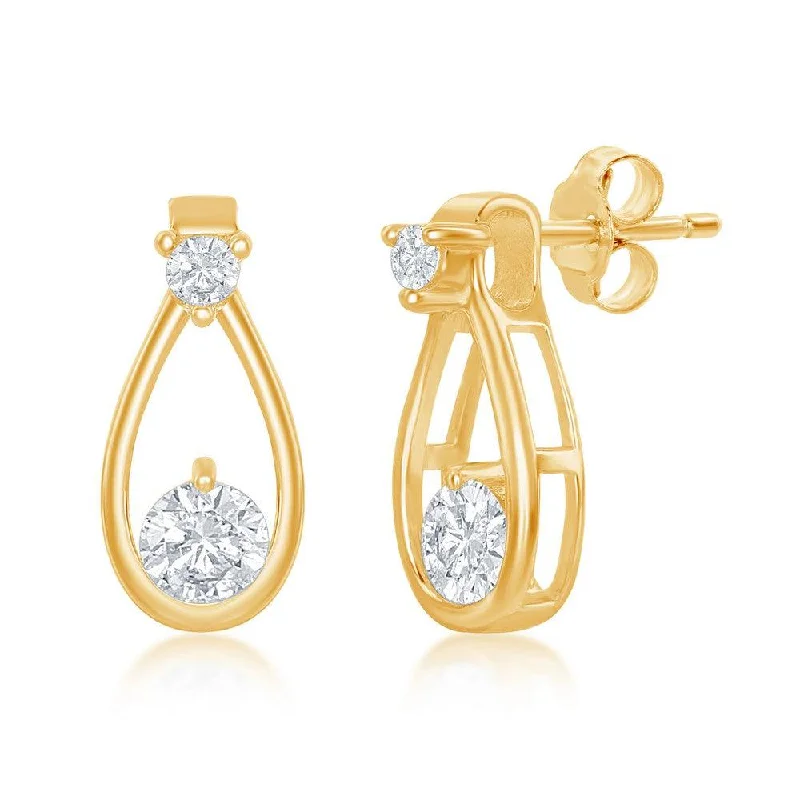 romantic heart ladies earrings-Sterling Silver Open Pearshaped Round CZ  Earrings - Gold Plated