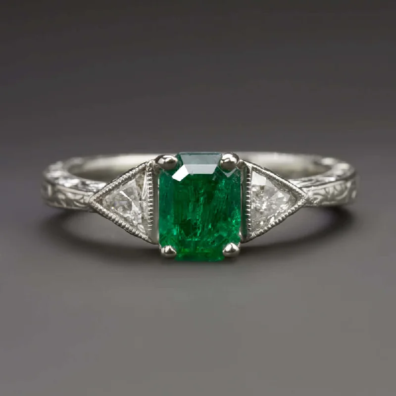 vintage floral engagement ring for women-1.40ct EMERALD DIAMOND RING VINTAGE STYLE TRILLION CUT NATURAL 14k WHITE GOLD