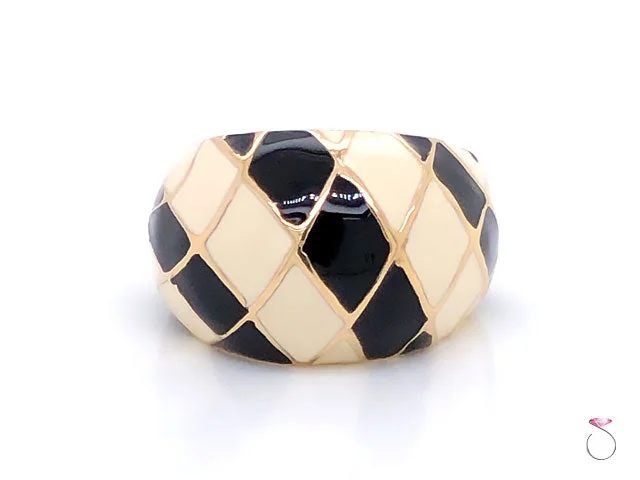 mother-of-pearl ladies ring-Vintage Designer MAZ Large Black and White Enamel Ring in 14k Yellow Gold