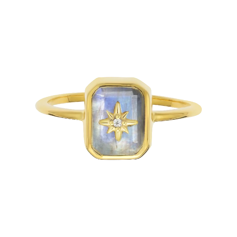 modern twisted band ladies ring-Rainbow Moonstone & Diamond Wish Upon A Star Ring