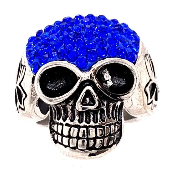 ruby gemstone ladies ring-Skull With Tiny Blue Accent CZ Stones Stainless Steel Ring / SCR3104