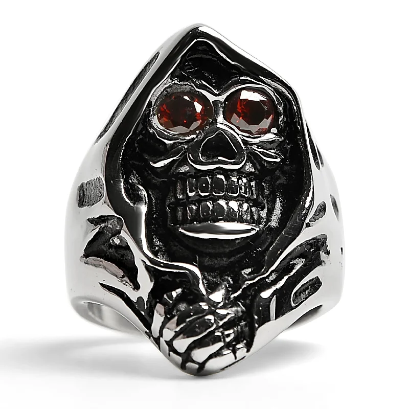 overlapping band ladies ring-Stainless Steel Red CZ Eyed Grim Reaper Ring / SCR3054