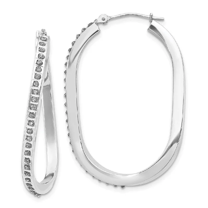 artistic handmade ladies earrings-14k White Gold Diamond Fascination Oval Twist Hinged Hoop Earrings