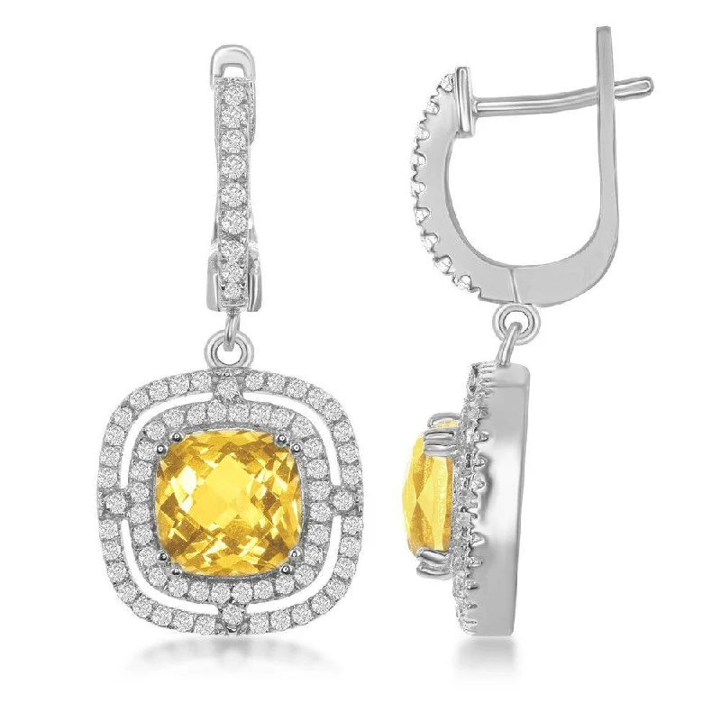 artistic abstract ladies earrings-Sterling Silver Yellow Square Citrine Earrings