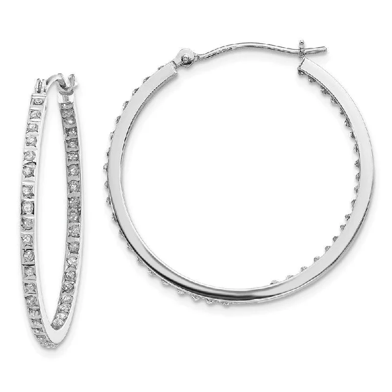 drop ladies earrings-14k White Gold Diamond Fascination Round Hinged Hoop Earrings