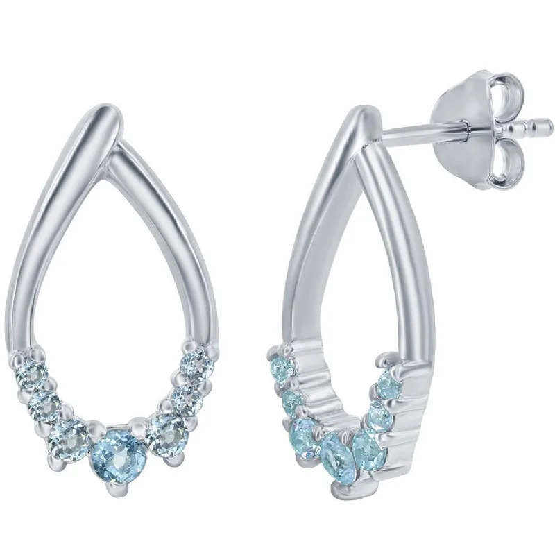 oval halo ladies earrings-Classic Women's Earrings - Sterling Silver Pear Shaped Sky Blue Topaz Gem | D-8125