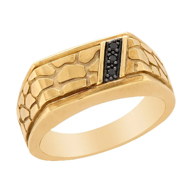 romantic infinity ladies ring-MEN'S YELLOW GOLD FASHION RING WITH TEXTURED PATTERN AND BLACK DIAMONDS, 1/10 CT TW