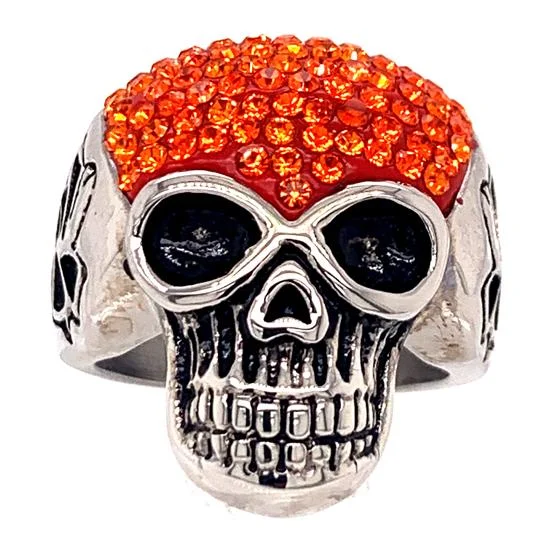 marquise-cut ladies ring-Skull With Tiny Orange CZ Accents Stainless Steel Ring / SCR3108