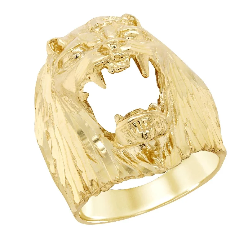 tension set ladies ring-MEN'S YELLOW GOLD LION HEAD FASHION RING