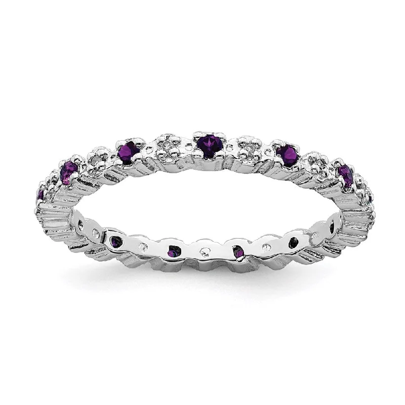 emerald-cut engagement ring for women-Sterling Silver Stackable Expressions Amethyst & Diamond Ring | QSK533